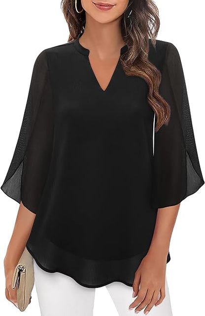 Blouse Three-Quarter Sleeves Flowing Fabric Formal Style