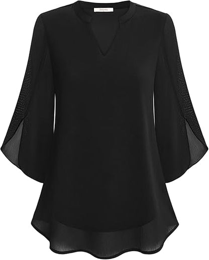Blouse Three-Quarter Sleeves Flowing Fabric Formal Style
