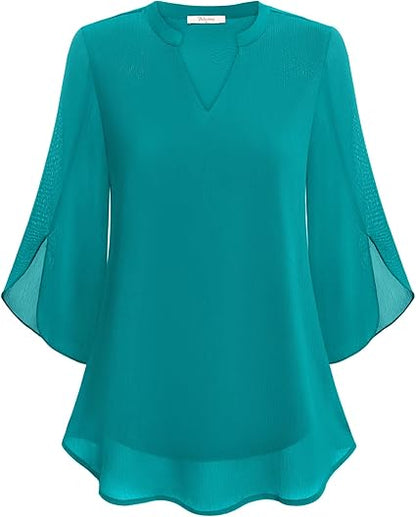 Blouse Three-Quarter Sleeves Flowing Fabric Formal Style