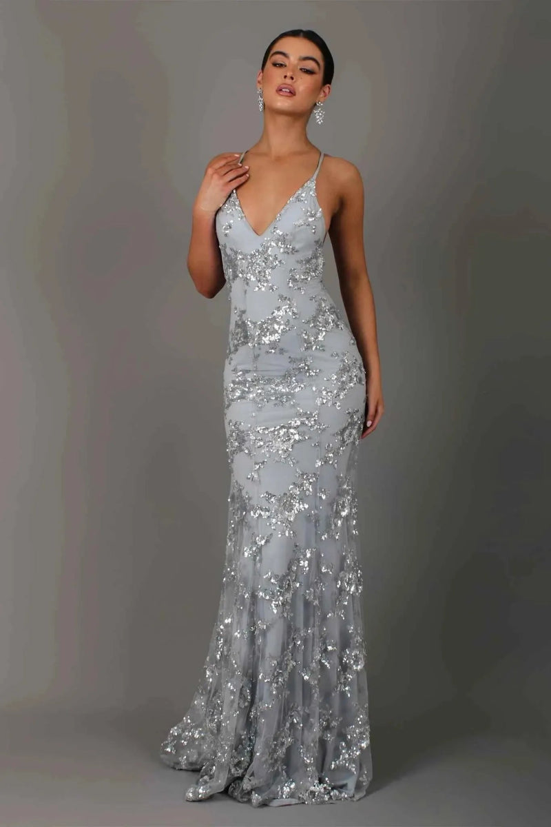 Floor-Length Open Back Evening Gown with Strap Detail
