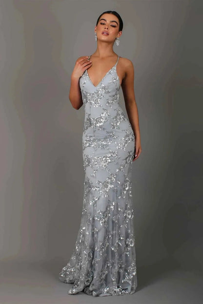 Floor-Length Open Back Evening Gown with Strap Detail