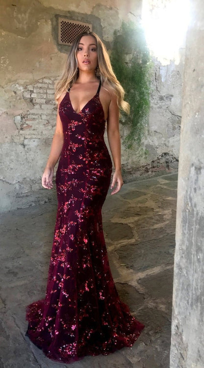 Floor-Length Open Back Evening Gown with Strap Detail