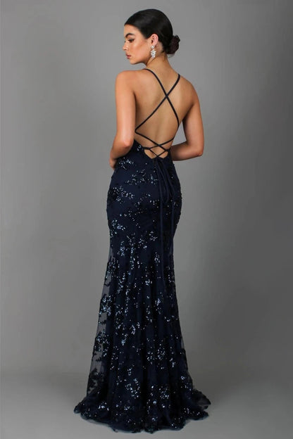 Floor-Length Open Back Evening Gown with Strap Detail