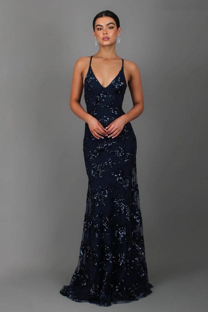 Floor-Length Open Back Evening Gown with Strap Detail