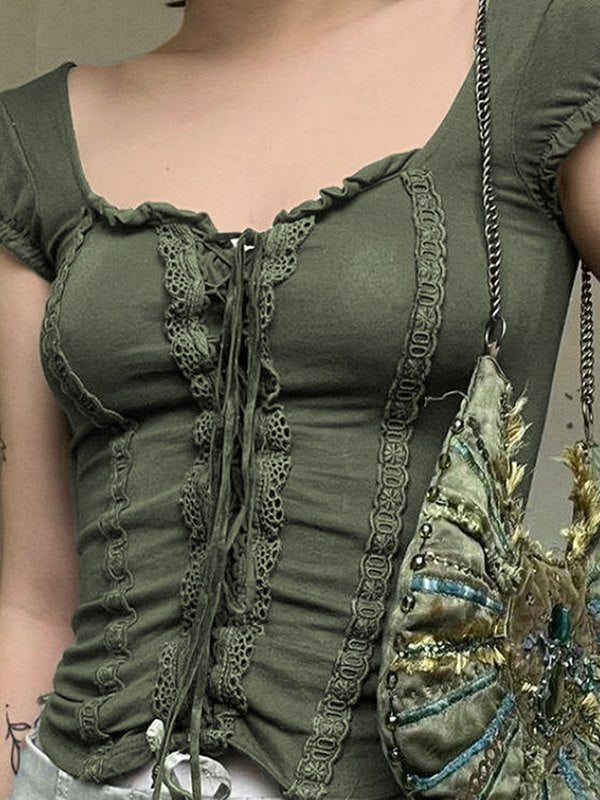Green Fairy Grunge Short Sleeve Top with Lace Trim Slim Fit
