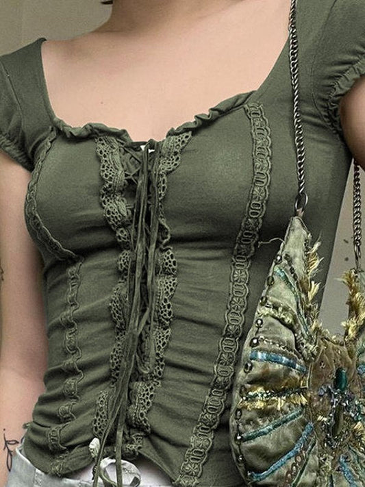 Green Fairy Grunge Short Sleeve Top with Lace Trim Slim Fit