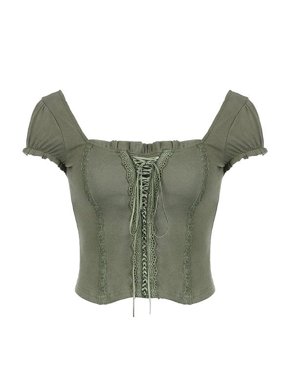 Green Fairy Grunge Short Sleeve Top with Lace Trim Slim Fit