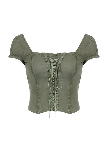 Green Fairy Grunge Short Sleeve Top with Lace Trim Slim Fit
