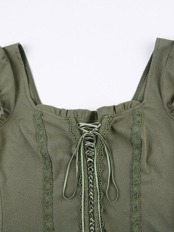 Green Fairy Grunge Short Sleeve Top with Lace Trim Slim Fit