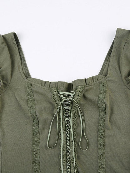 Green Fairy Grunge Short Sleeve Top with Lace Trim Slim Fit