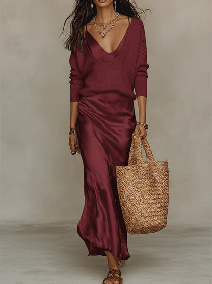 Satin Midi Set with Coordinating Knit
