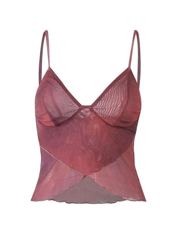 Crossed Mesh Camisole Top Mesh Slim Fit V-Neck