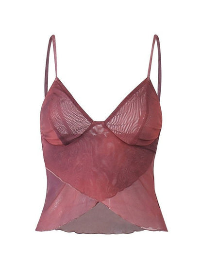 Crossed Mesh Camisole Top Mesh Slim Fit V-Neck