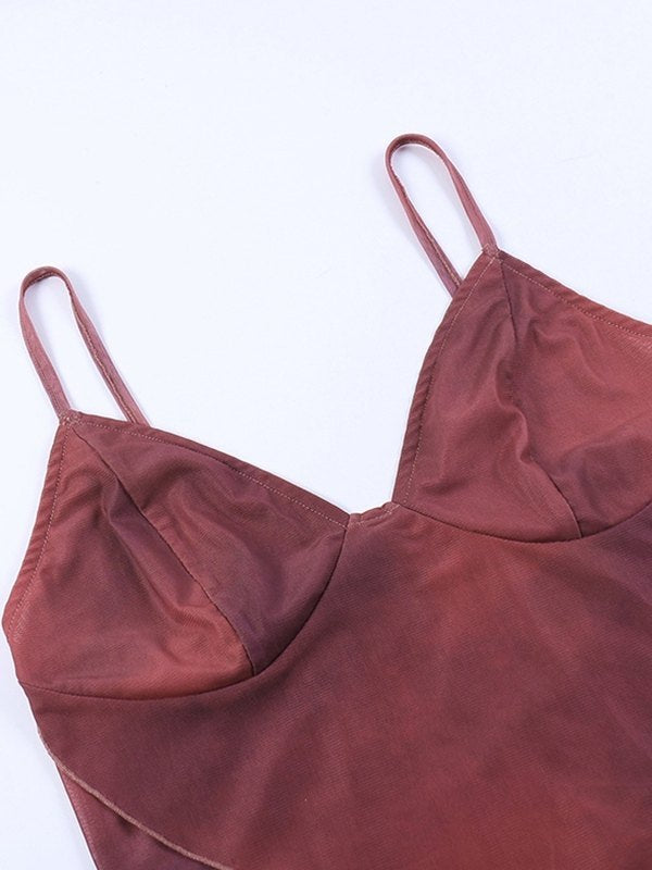 Crossed Mesh Camisole Top Mesh Slim Fit V-Neck