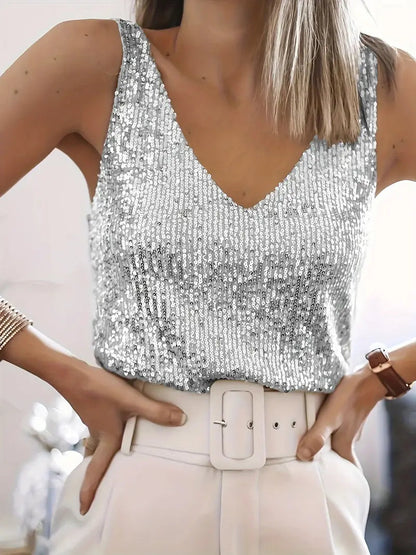 Women's V-neck Glitter Top with Sequins and Sparkling Details