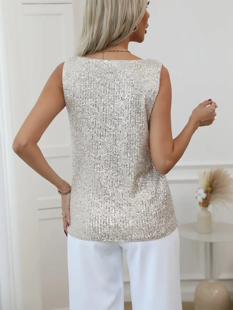 Women's V-neck Glitter Top with Sequins and Sparkling Details