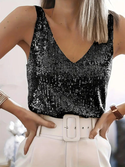 Women's V-neck Glitter Top with Sequins and Sparkling Details