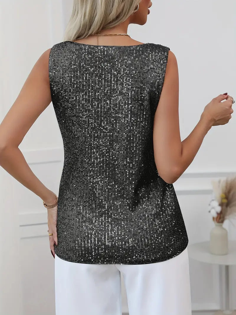 Women's V-neck Glitter Top with Sequins and Sparkling Details