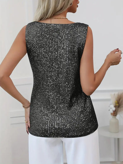 Women's V-neck Glitter Top with Sequins and Sparkling Details
