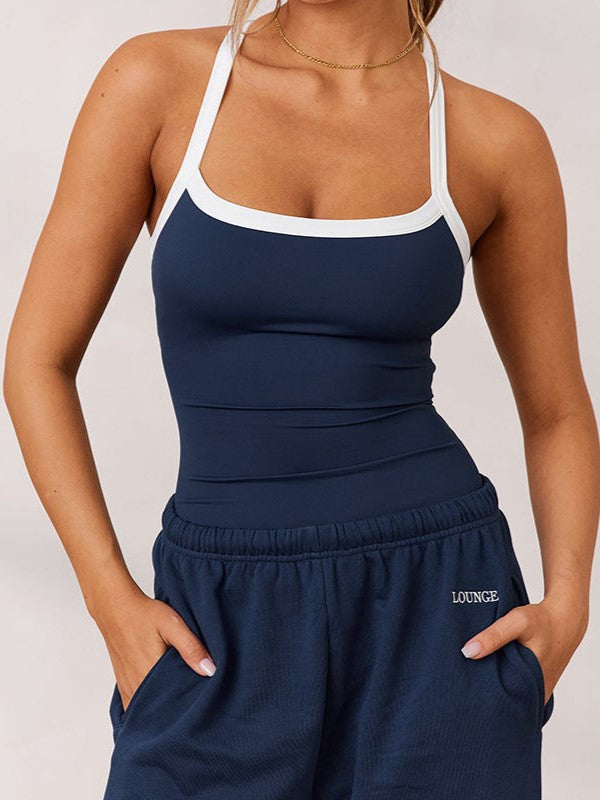 Marine Blue Vintage Crop Top with Patchwork Details Polyester Sleeveless