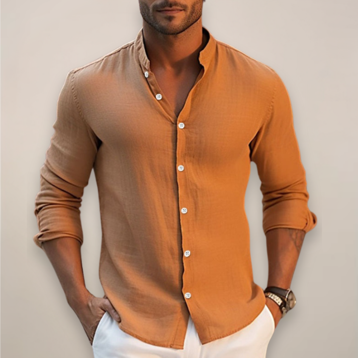 Men’s Long Sleeve Band Collar Shirt