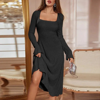 Square Neck Long Sleeve Midi Dress for Elegant Styling
