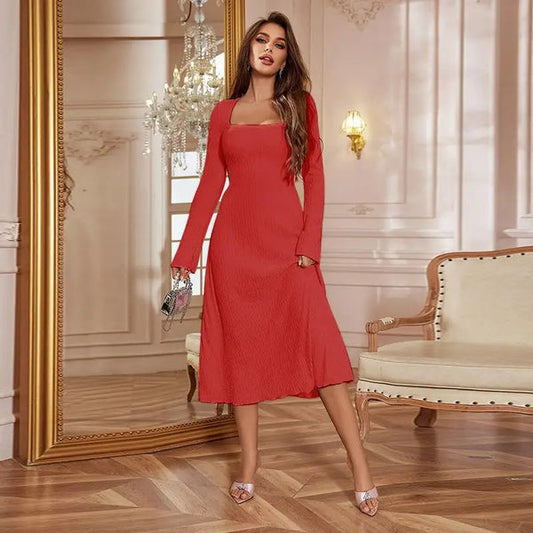 Square Neck Long Sleeve Midi Dress for Elegant Styling