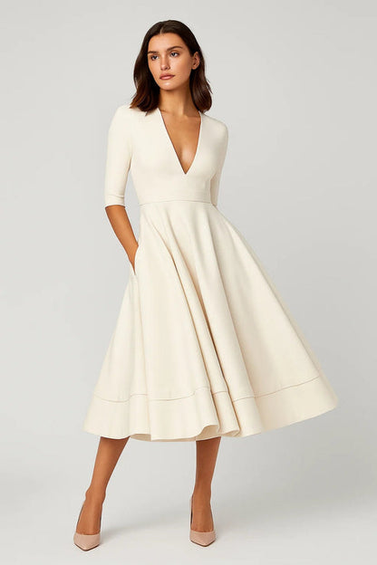 V-Neck Midi Dress with Three-Quarter Sleeves for Chic Looks
