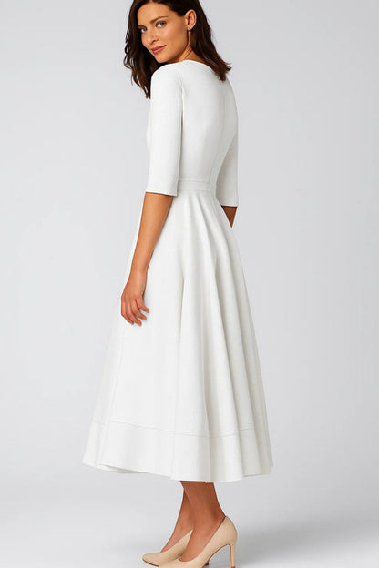 V-Neck Midi Dress with Three-Quarter Sleeves for Chic Looks