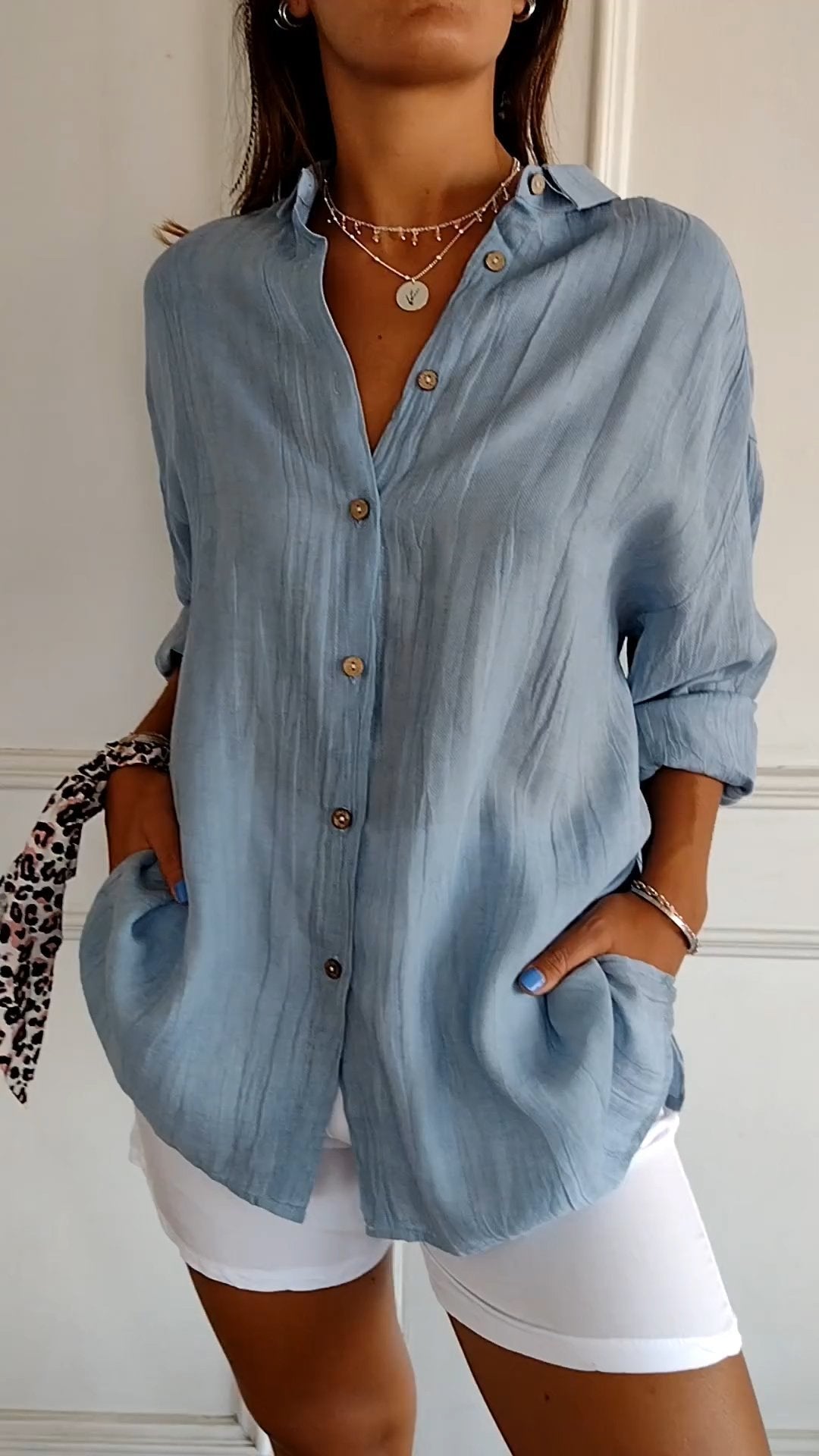 Women's summer blouse with long-sleeve cut – airy linen-silk blend, architectural pleats & Scandinavian coastal elegance