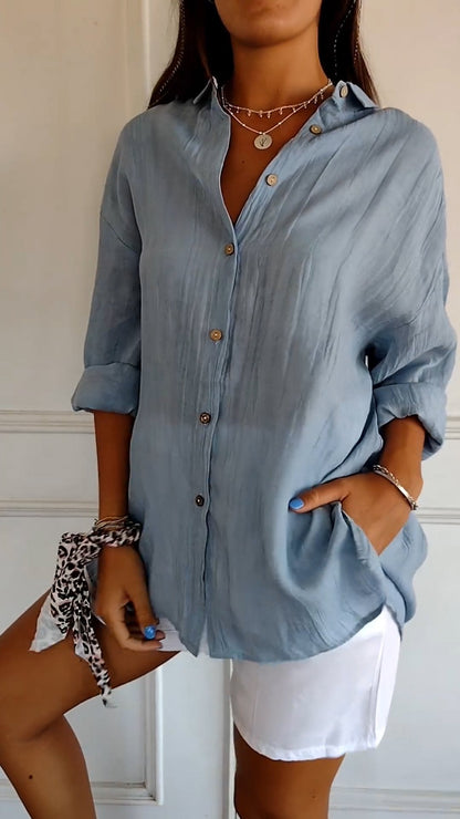 Women's summer blouse with long-sleeve cut – airy linen-silk blend, architectural pleats & Scandinavian coastal elegance