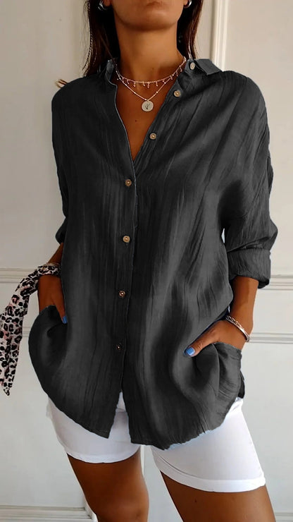 Women's summer blouse with long-sleeve cut – airy linen-silk blend, architectural pleats & Scandinavian coastal elegance