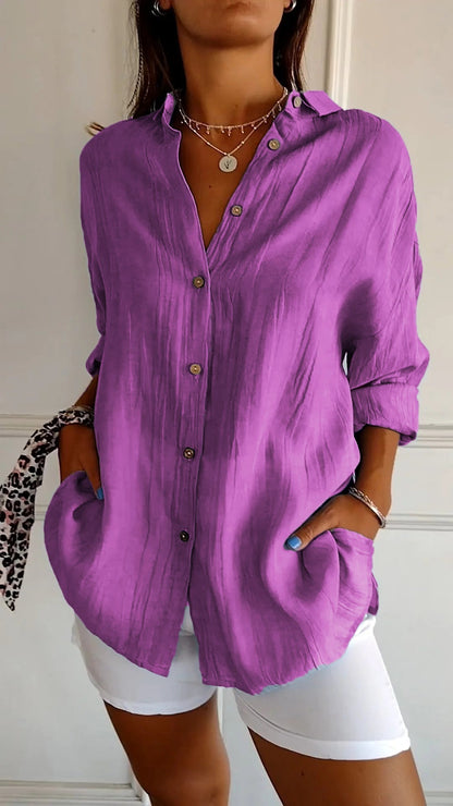 Women's summer blouse with long-sleeve cut – airy linen-silk blend, architectural pleats & Scandinavian coastal elegance