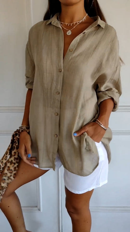 Women's summer blouse with long-sleeve cut – airy linen-silk blend, architectural pleats & Scandinavian coastal elegance