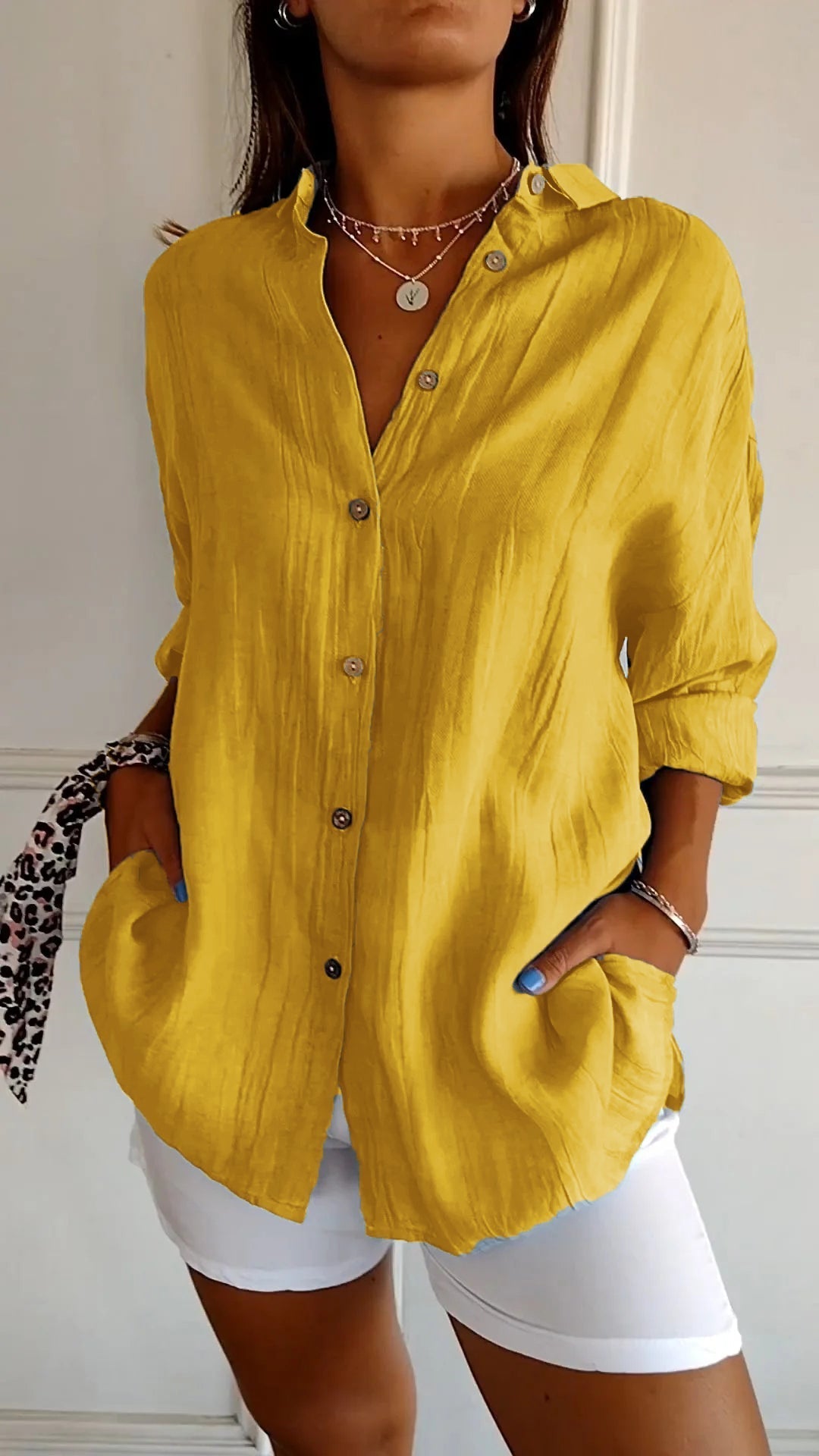 Women's summer blouse with long-sleeve cut – airy linen-silk blend, architectural pleats & Scandinavian coastal elegance