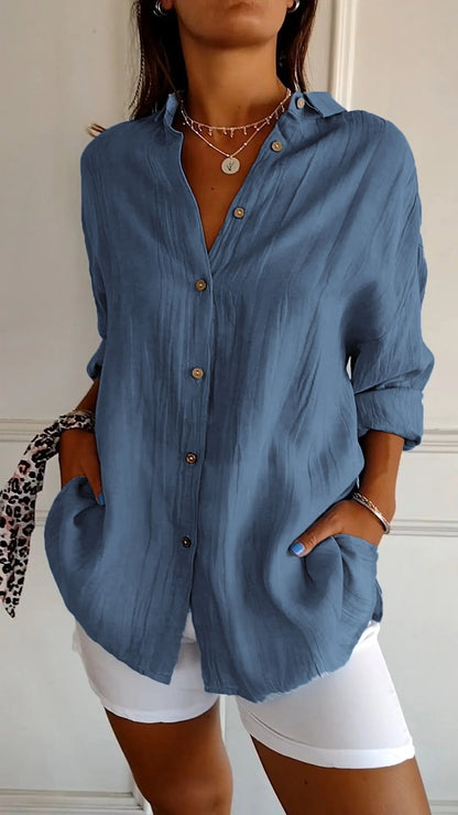 Women's summer blouse with long-sleeve cut – airy linen-silk blend, architectural pleats & Scandinavian coastal elegance