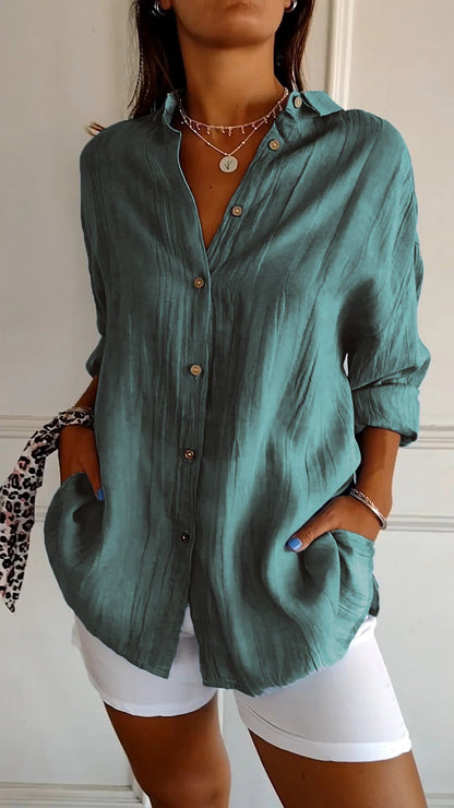 Women's summer blouse with long-sleeve cut – airy linen-silk blend, architectural pleats & Scandinavian coastal elegance