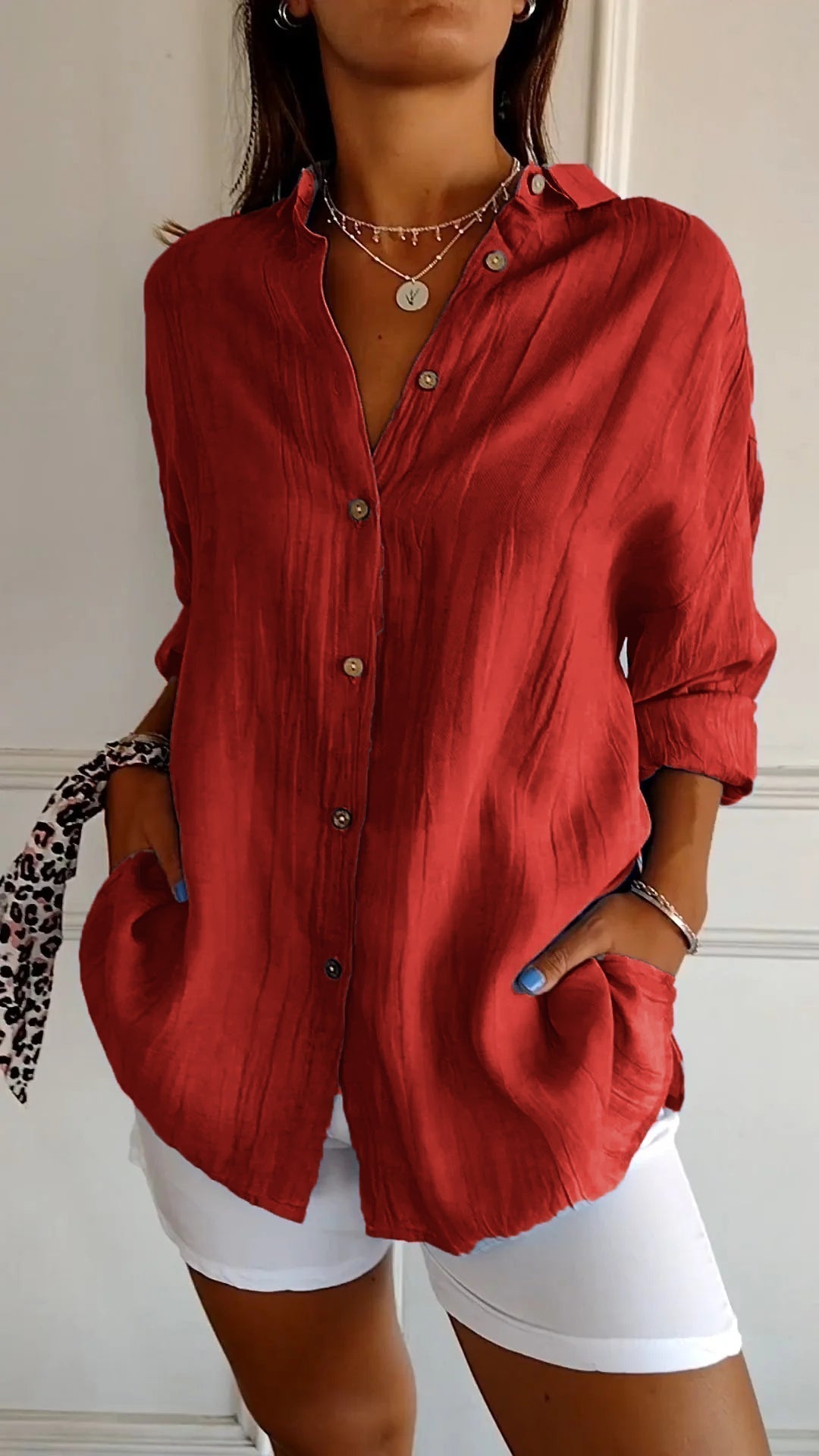 Women's summer blouse with long-sleeve cut – airy linen-silk blend, architectural pleats & Scandinavian coastal elegance