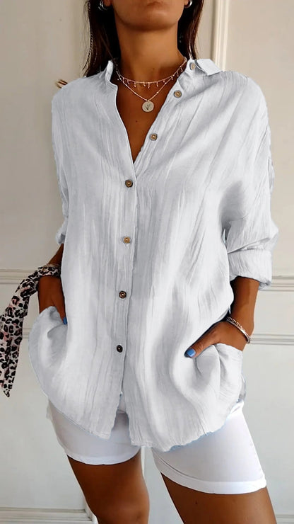 Women's summer blouse with long-sleeve cut – airy linen-silk blend, architectural pleats & Scandinavian coastal elegance