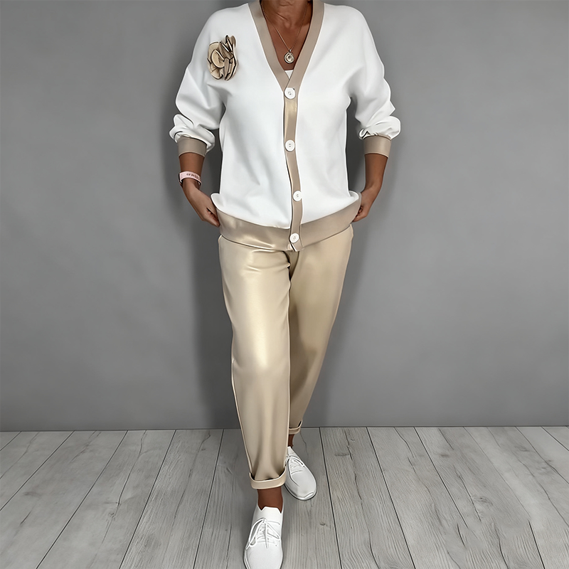 Stylish Two-Piece Cardigan Set with Floral Accents