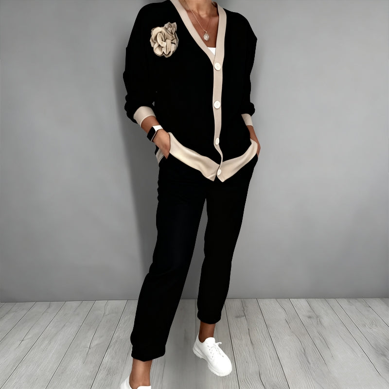 Stylish Two-Piece Cardigan Set with Floral Accents