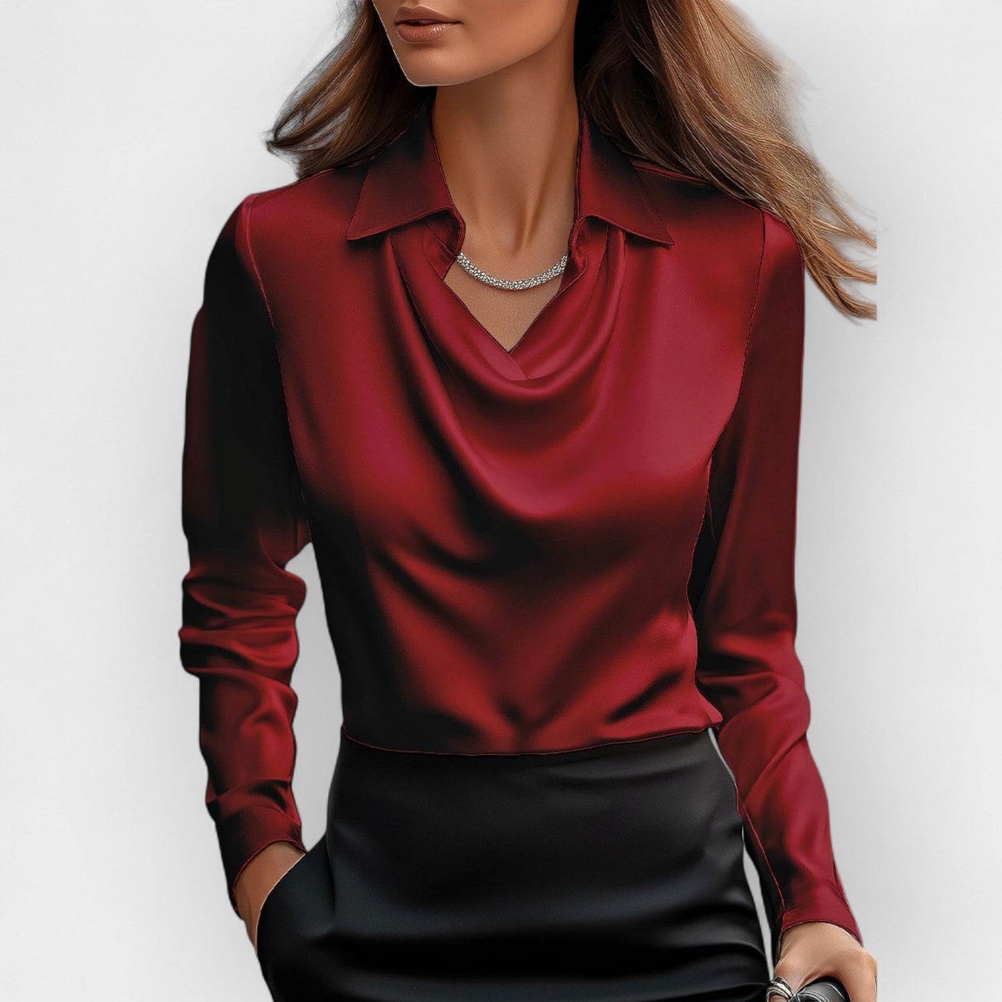 Women's Blouse with Waterfall Collar Smooth, Shiny Material