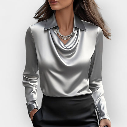Women's Blouse with Waterfall Collar Smooth, Shiny Material