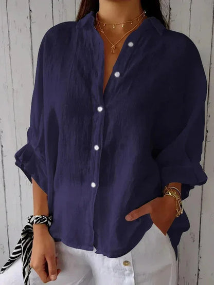 Stylish Linen Blouse Women With V Neckline And Bow
