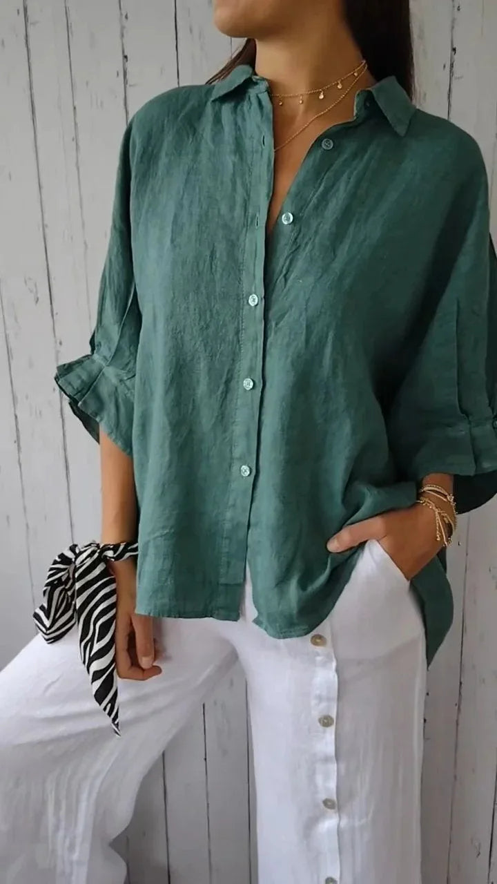 Stylish Linen Blouse Women With V Neckline And Bow