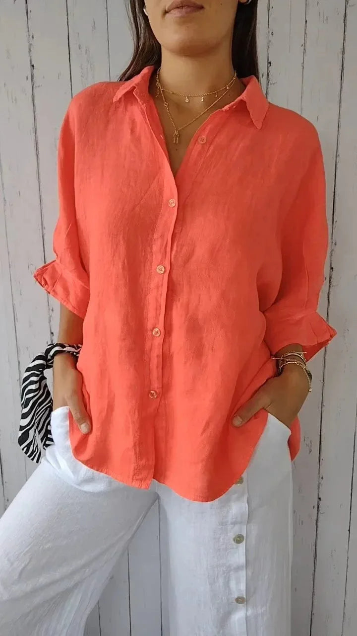 Stylish Linen Blouse Women With V Neckline And Bow