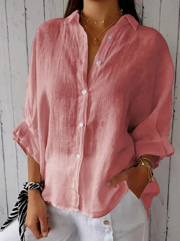 Stylish Linen Blouse Women With V Neckline And Bow