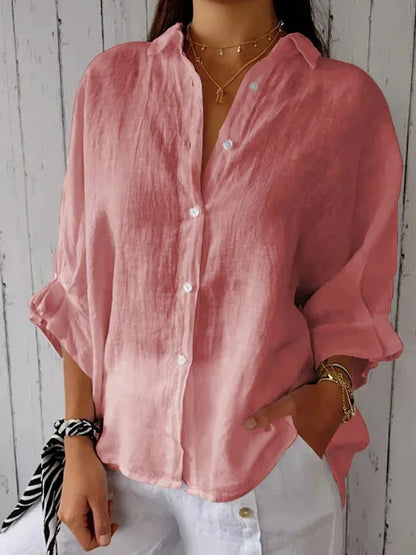 Stylish Linen Blouse Women With V Neckline And Bow