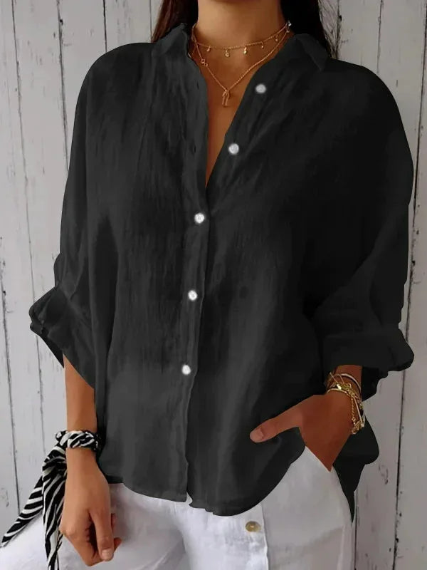 Stylish Linen Blouse Women With V Neckline And Bow