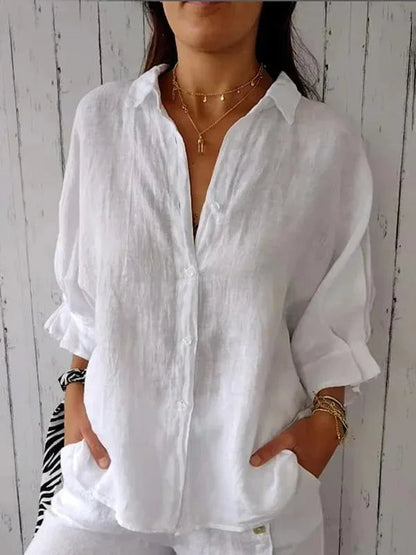 Stylish Linen Blouse Women With V Neckline And Bow